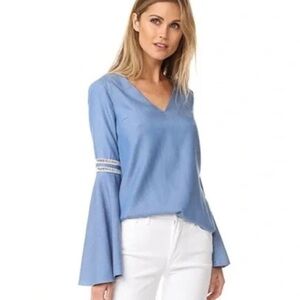 Lovers + Friends Women's Denim Seawater Blue V-Neck Knit Trim Blouse Size Large